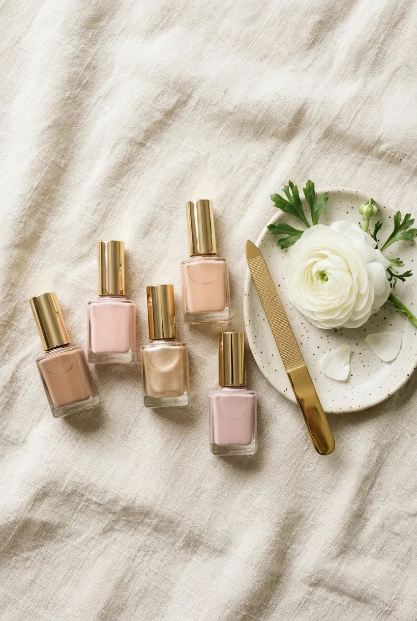 Nude and blush nail polish bottles with a gold nail file on cream linen
