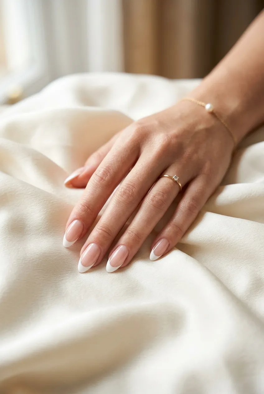 Classic French manicure with sheer pink base and white tips