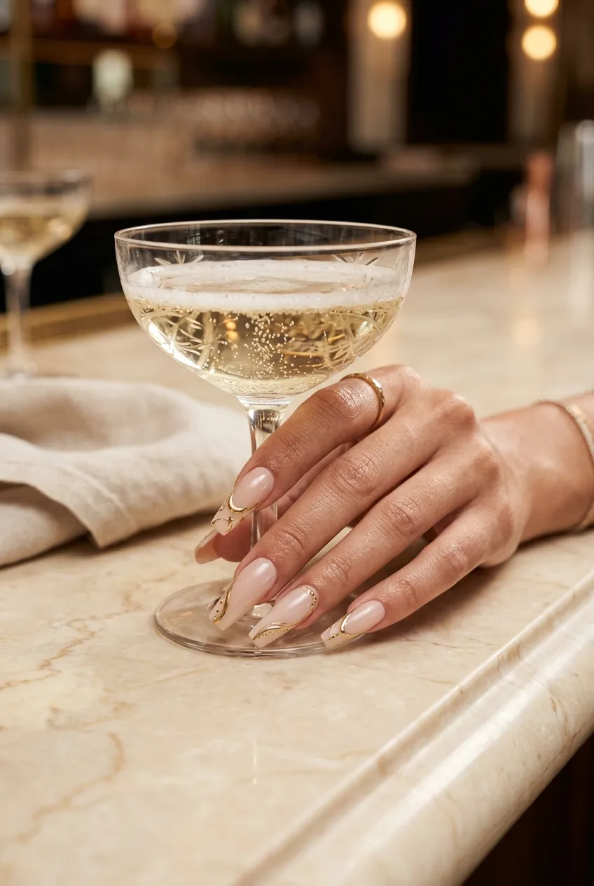 Long milky nude coffin acrylic nails holding a champagne glass