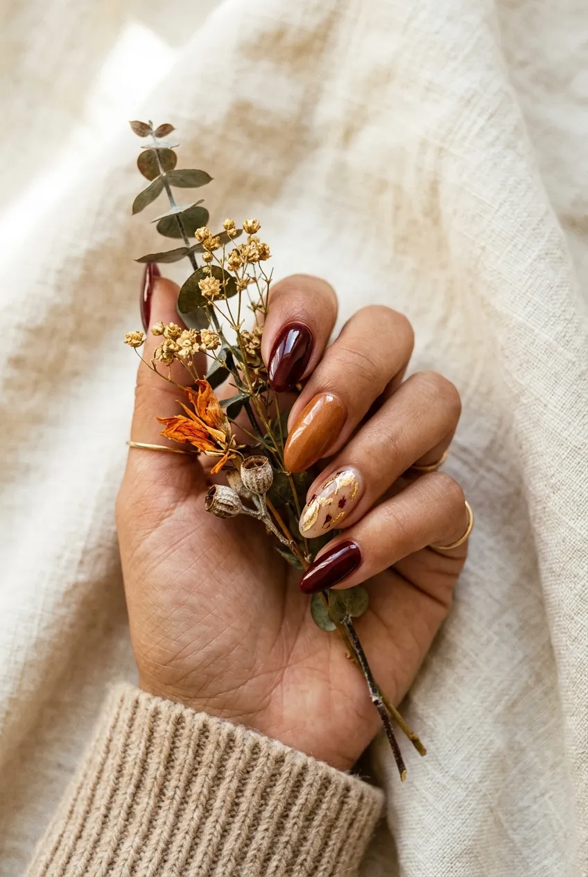 Autumn nail designs in burgundy, caramel and gold foil
