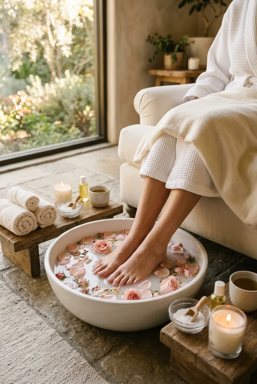 Relaxing spa pedicure with rose petals in a ceramic basin — pedicure in Elgin, TX inspiration